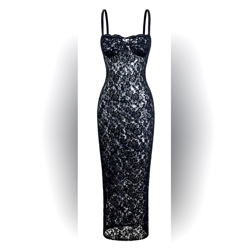Lace Bustier Slit Slip Maxi Dress